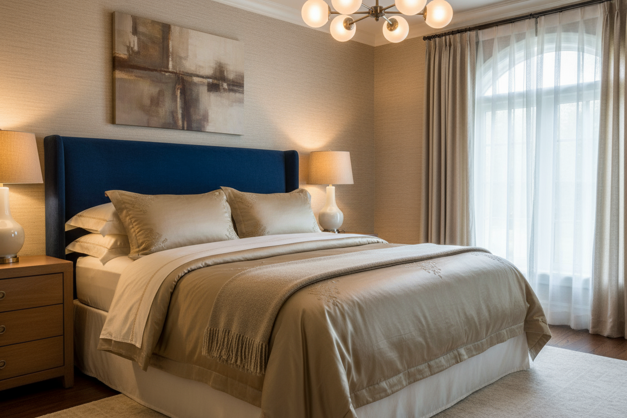 generate an image of a luxurious bedroom with beautiful bedsheet, 4 pillows and a duvet. Should be luxurious looking. Image lighting should be soft. Image should be 1080px x 1080px