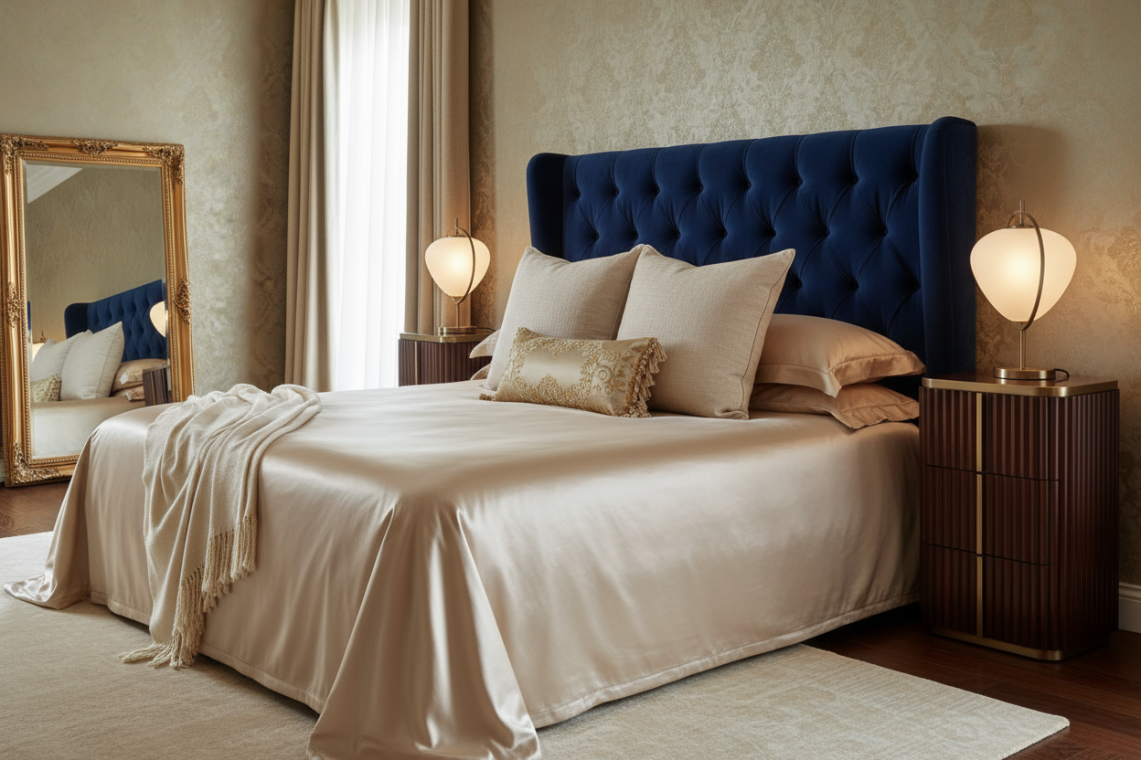 generate an image of a luxurious bedroom with beautiful bedsheet, 5 pillows, 4 big pillows and 1 accent pillow in front. Should be luxurious looking. Image lighting should be soft. Image should be 1080px x 1080px