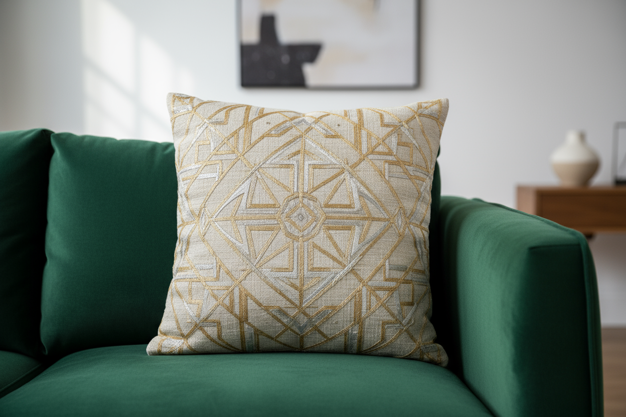 Generate an image of a statement cushion in beige color which is kept on a luxurious couch in the living room. Focus more on the cushion. Generate 3 images in 1080 x 1080 resolution