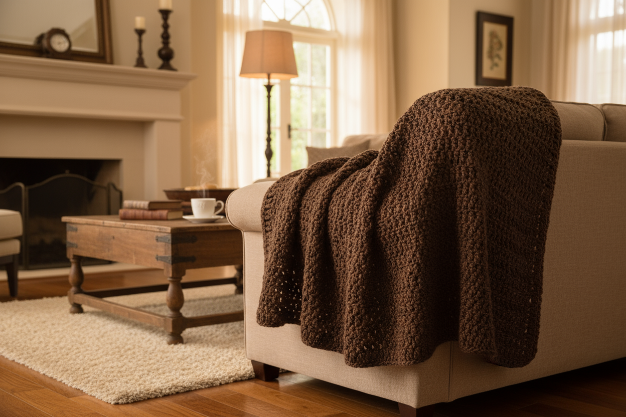 Generate an image showcasing a beautiful crocheted chocolate throw which is displayed on a beige couch. Should have luxurious vibe in the image and soft lighting. 1080 x 1080 image size is required