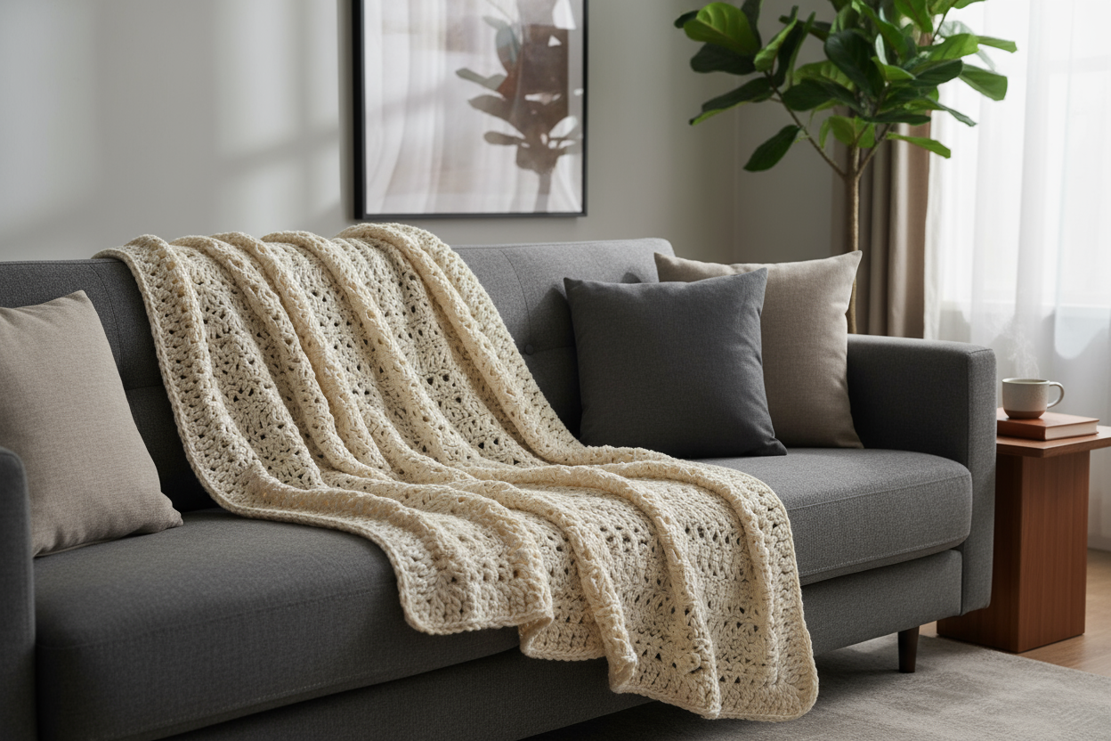 Generate an image showcasing a beautiful crocheted ivory color throw which is displayed on a graphite color couch. Should have luxurious vibe in the image and soft lighting. 1080 x 1080 image size is required