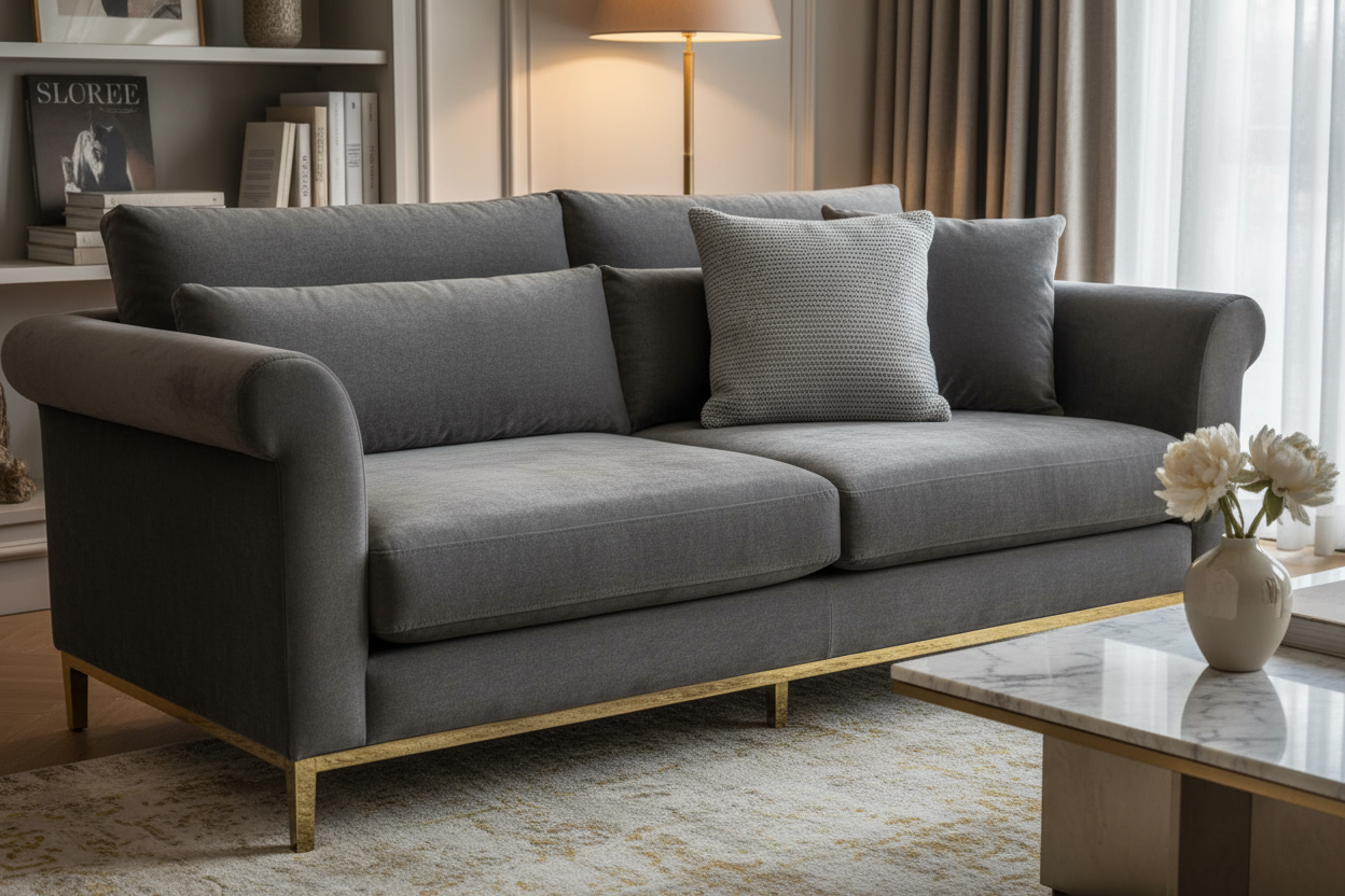generate image of a light grey luxury cushion which is kept on a luxurious couch. Couch takes the focus in the image. It should be soft luxurious lighting. Generate in 1080 x 1080 resolution
