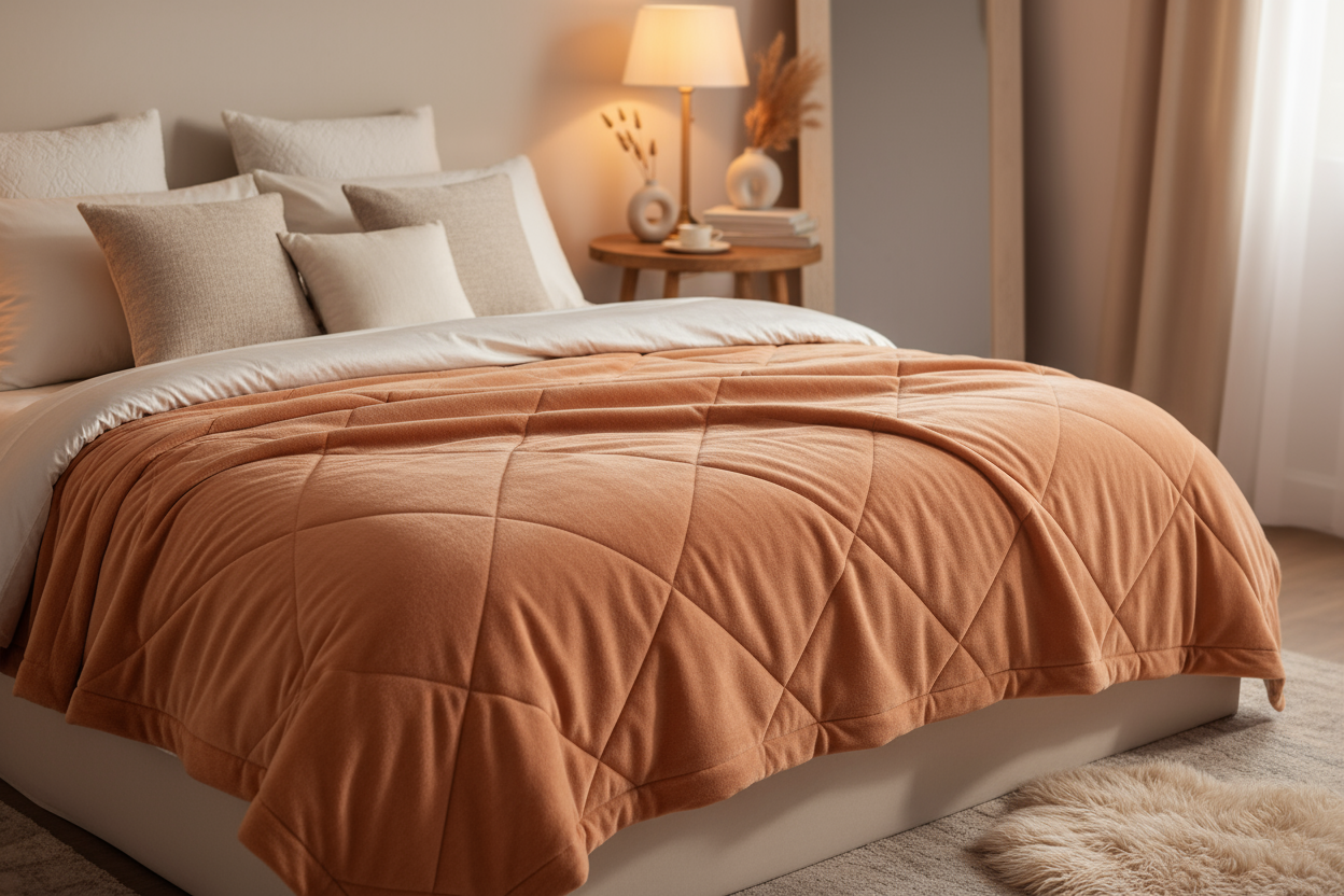 product image of a beautiful luxurious weighted blanket in peach color displayed on a luxurious bed in a bedroom with soft lighting. Image size should 1080px x 1080 px